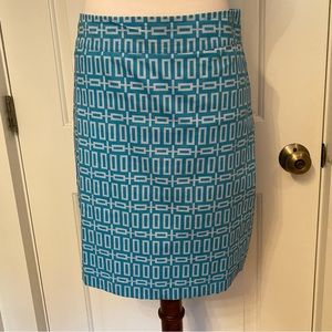 DIZZY LIZZIE SKIRT BLUE WHITE GEOMETRIC PRINT STRETCH COTTON USA SIZE 6